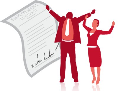 Graphic depicts an employment contract with two people celebrating