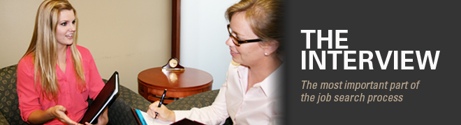 The interview: the most important part of the job search process. Image shows a student being interviewed.
