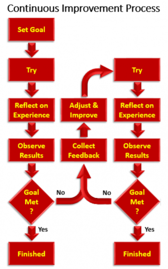 Graphic depicts the Continuous Improvement Process. Set goal, try, reflect on experience, observe results. If goal is met then you're finished. If goal is met, collect feedback and make adjustments so you can try again (process starts over).