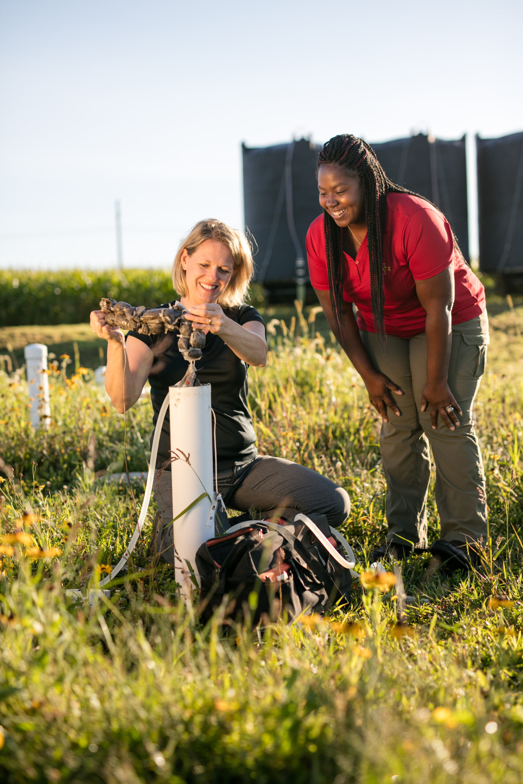 Two People working in a field on a project.