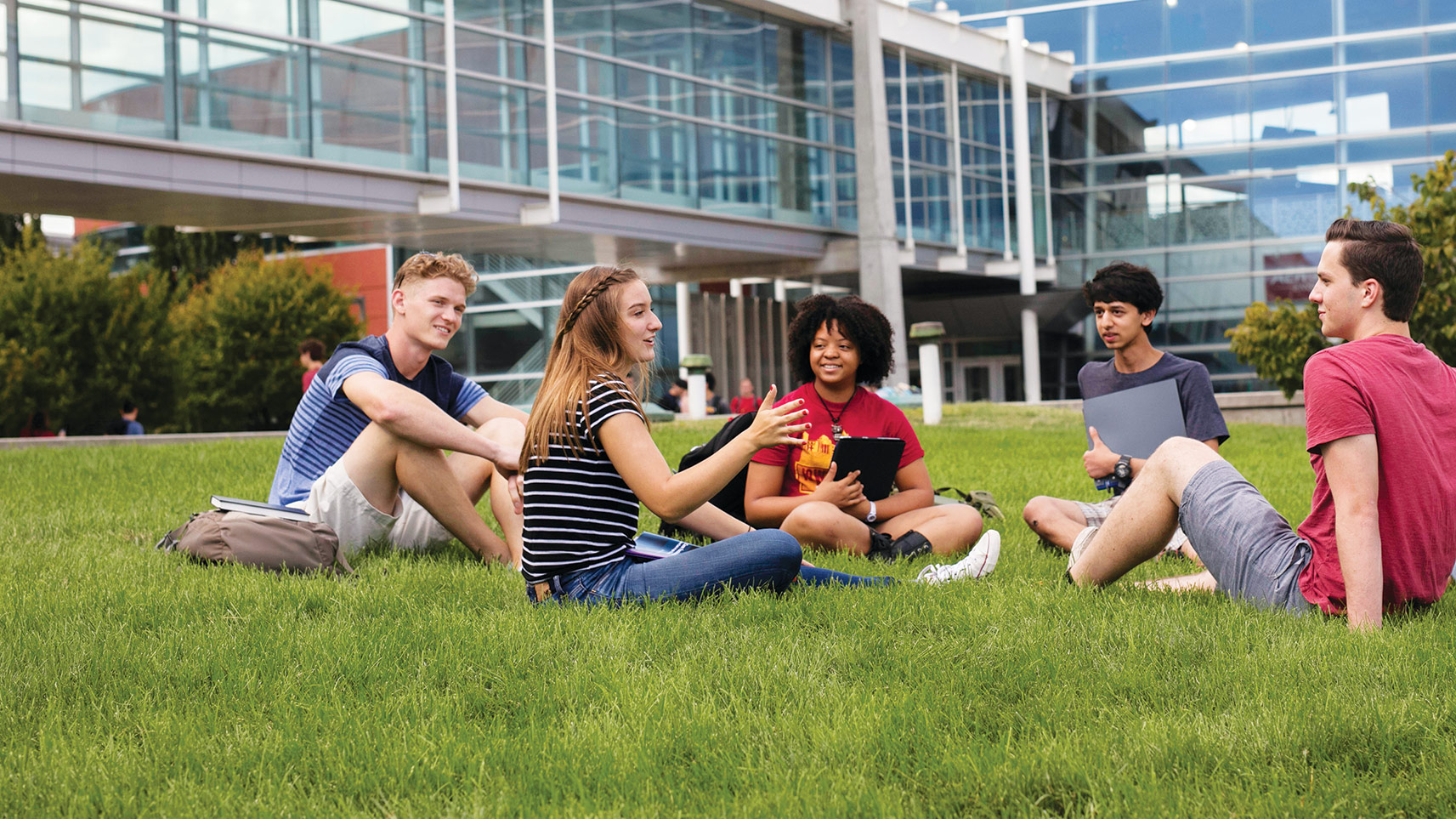 Students interacting in grassy campus area