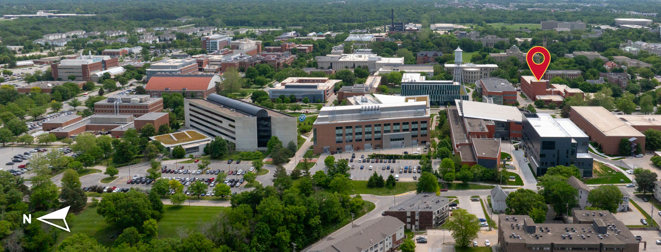 drone view of Iowa State University College of Engineering buildings with Black Engineering Building highlighted