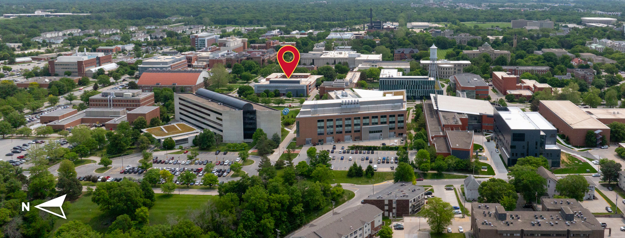 drone view of Iowa State University College of Engineering buildings with Coover Hall highlighted