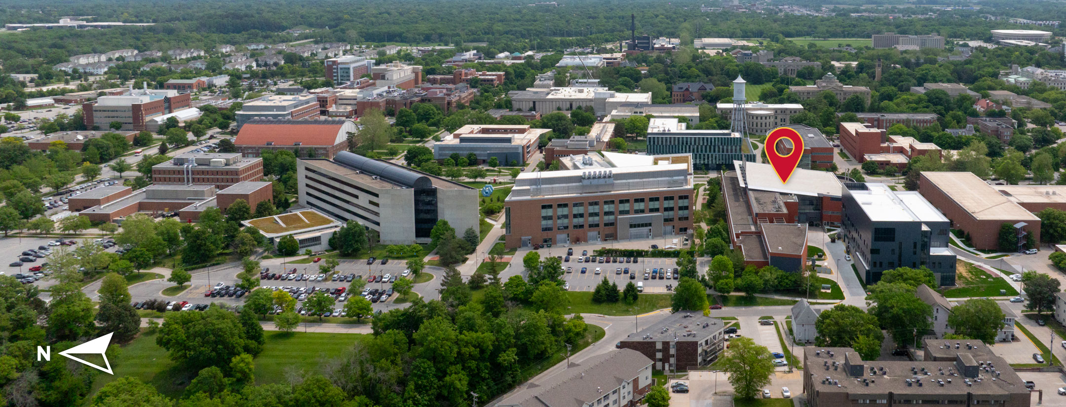 drone view of Iowa State University College of Engineering buildings with Howe Hall highlighted