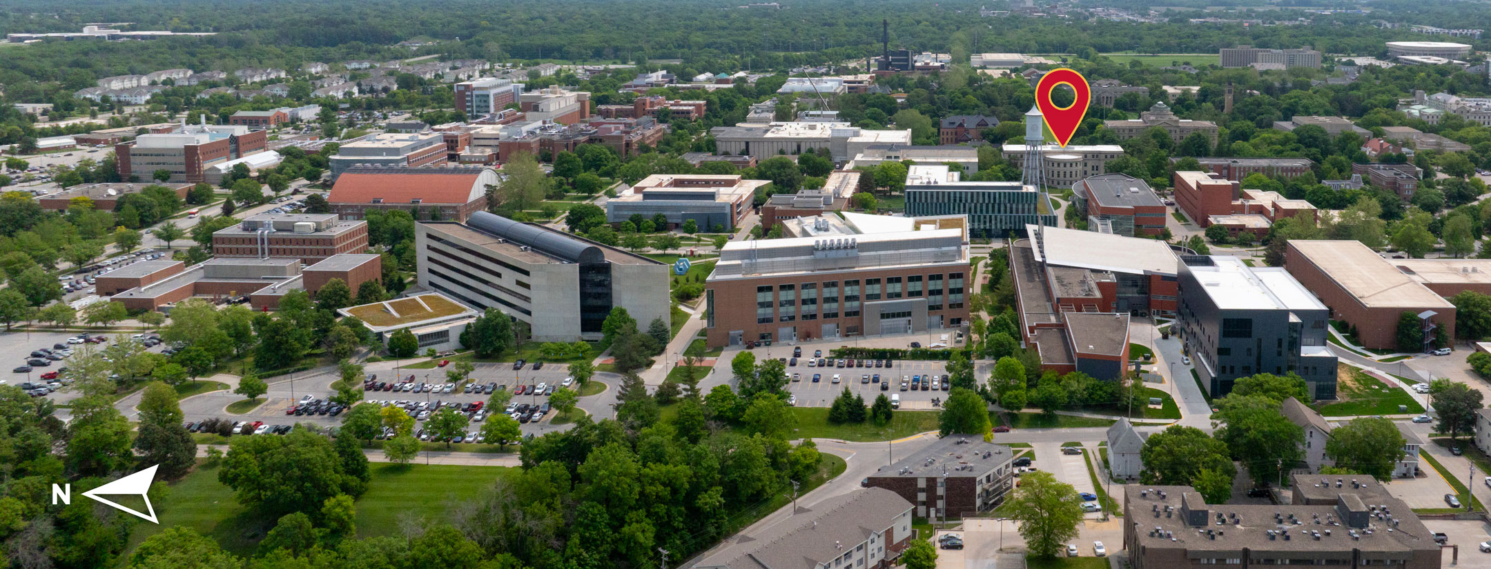 drone view of Iowa State University College of Engineering buildings with Marston Hall highlighted