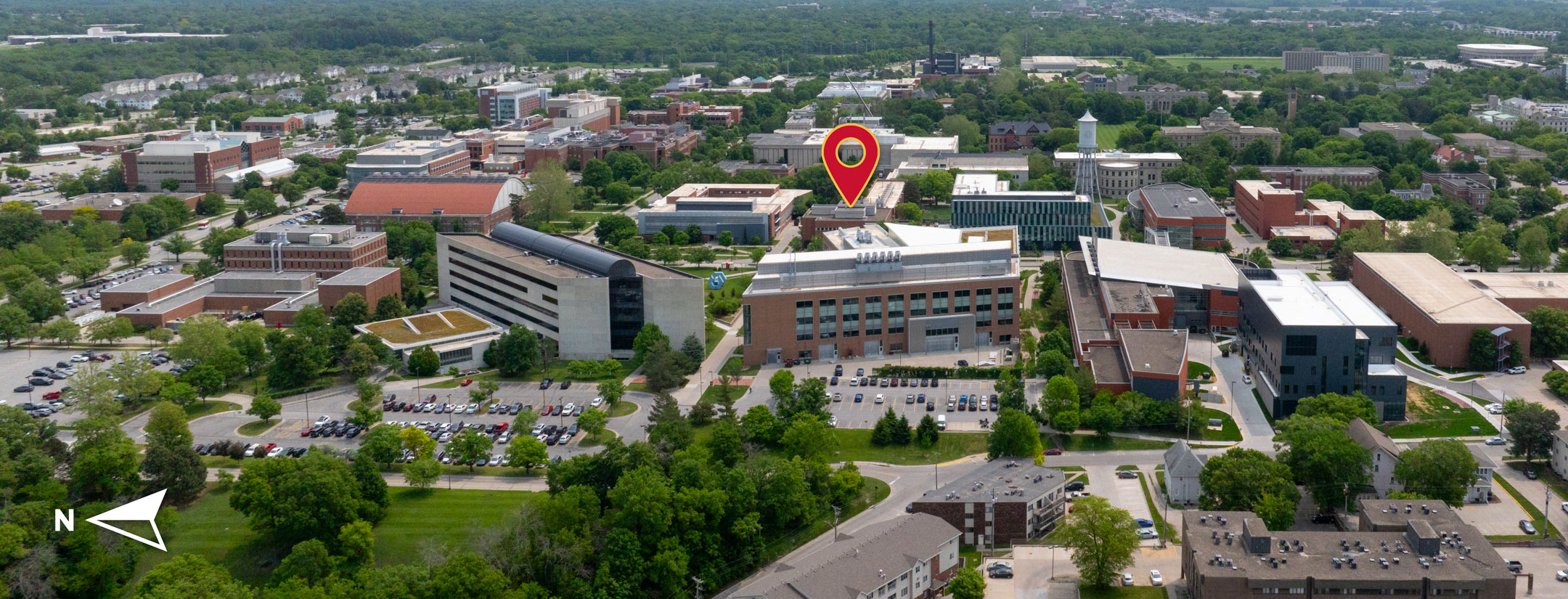 drone view of Iowa State University College of Engineering buildings with Sweeney Hall highlighted