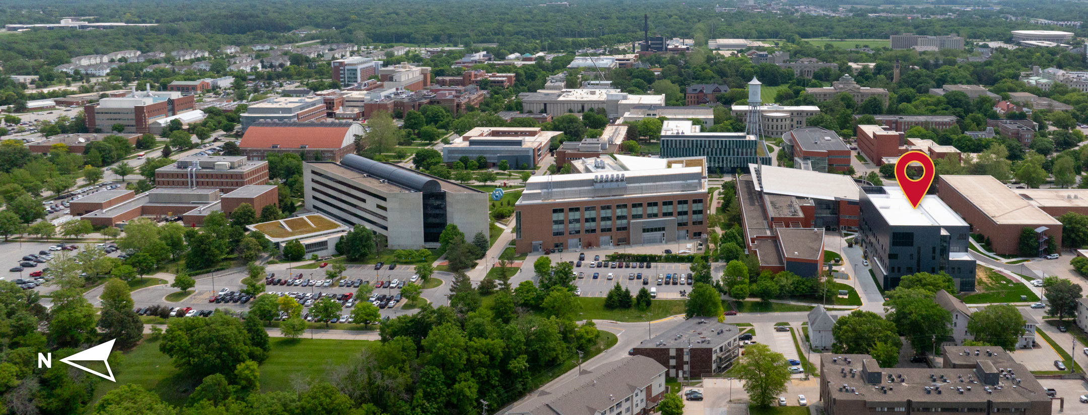 drone view of Iowa State University College of Engineering buildings with Therkildsen Industrial Engineering Building highlighted