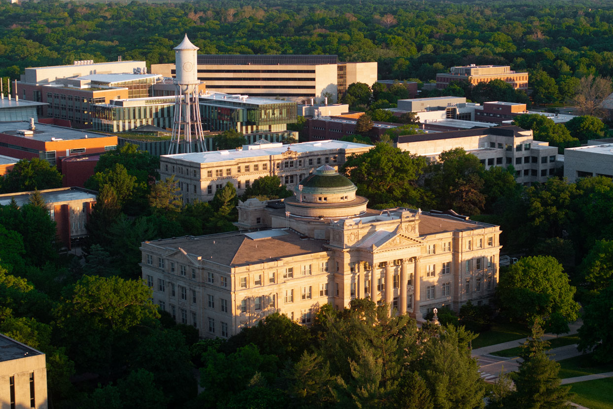 Aerial Image of Campus and Marston Hall at Dawn