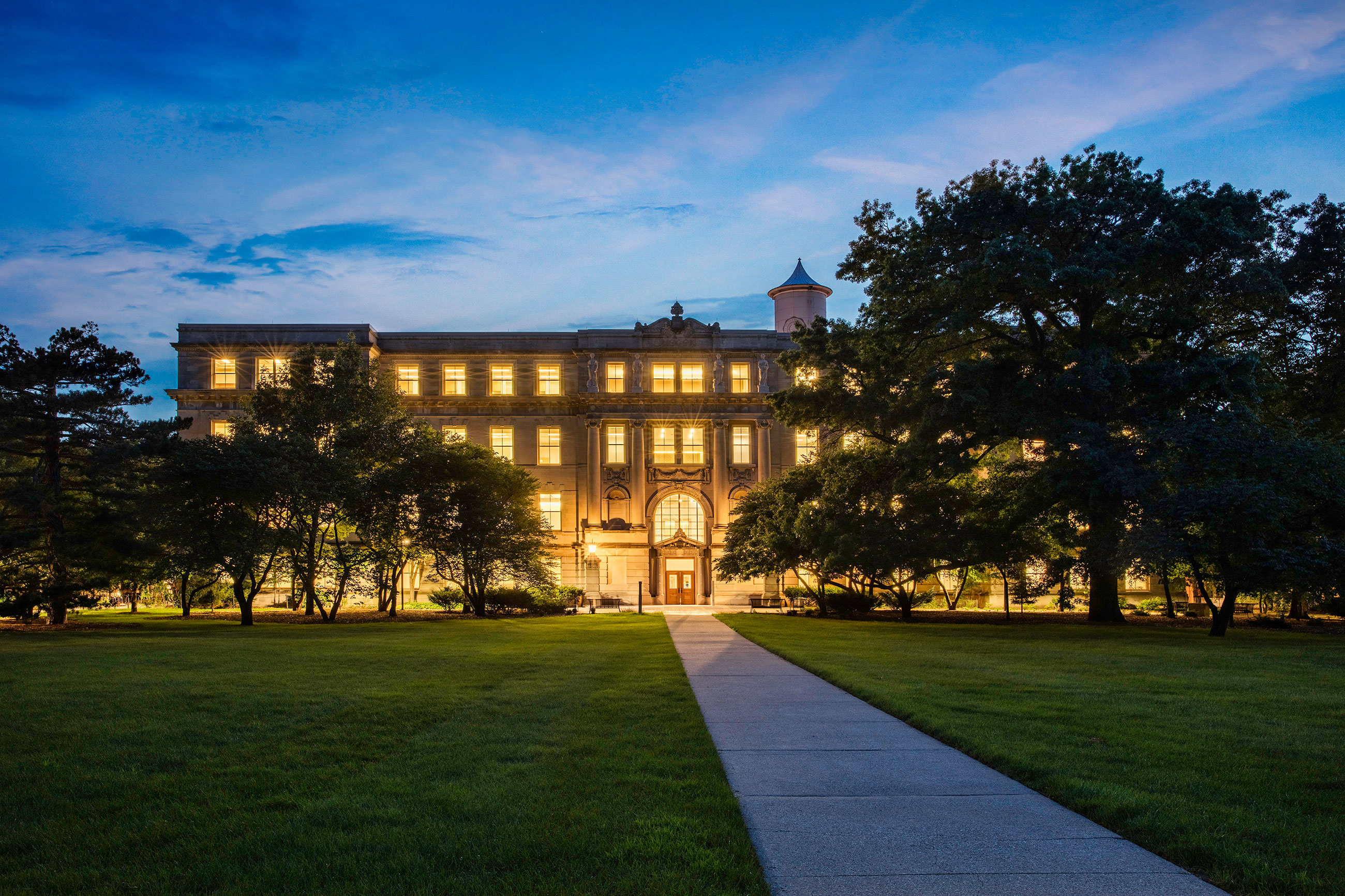 west facing view of Marston Hall at dusk