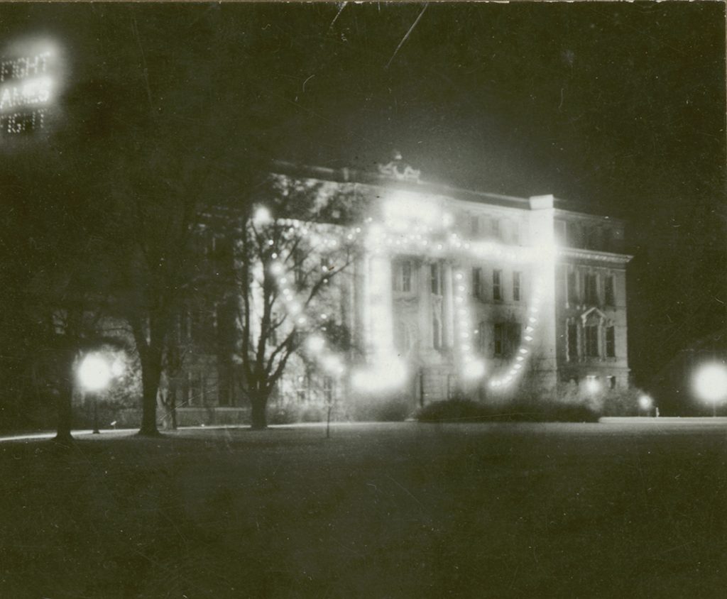 Marston Hall at night with exterior lighting